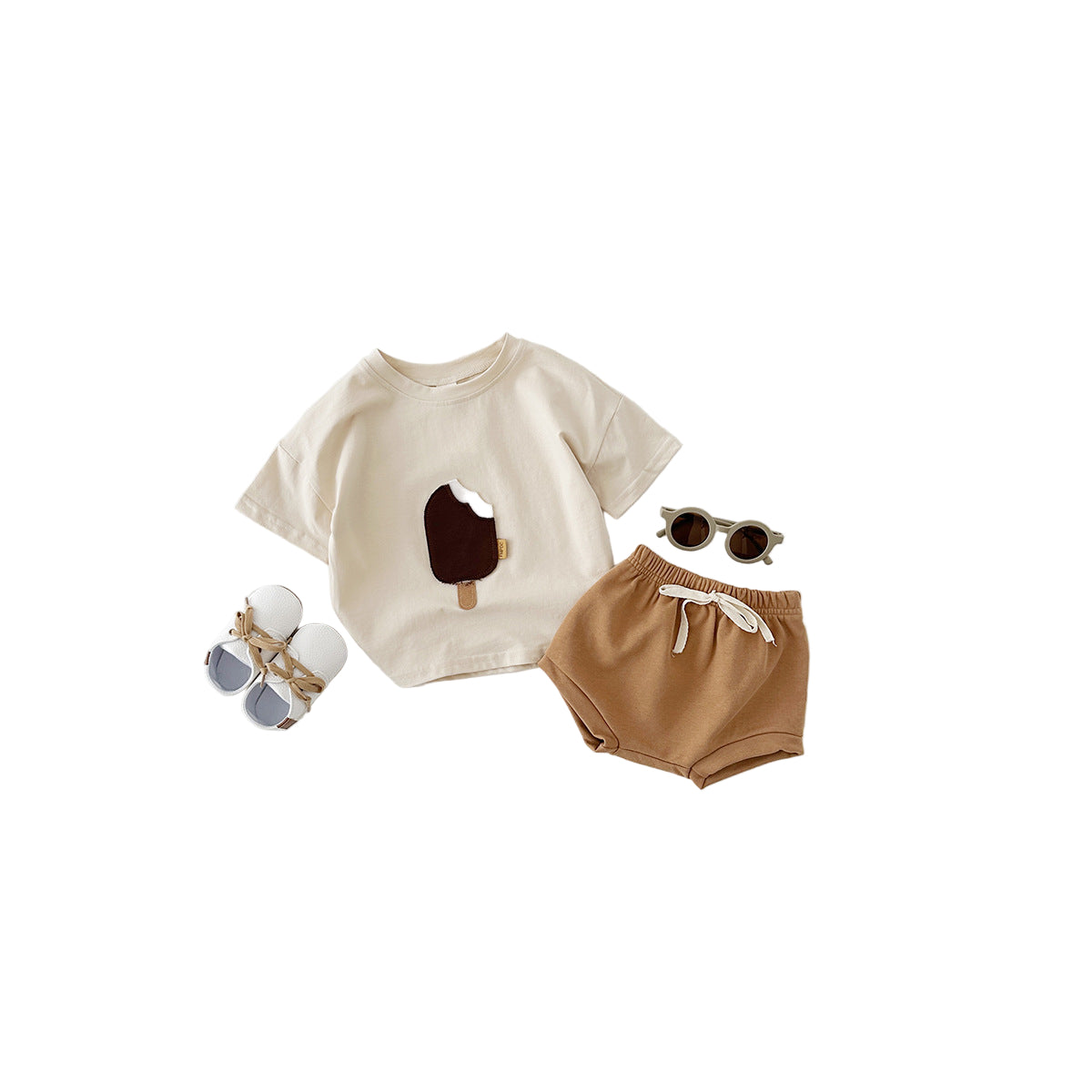 Girls' Casual Round Neck Cotton Ice Cream Patch Short Sleeve Shorts Suit