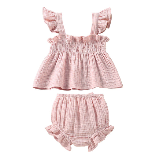 Girls' Solid Color Sling Top Hot Pants Suit