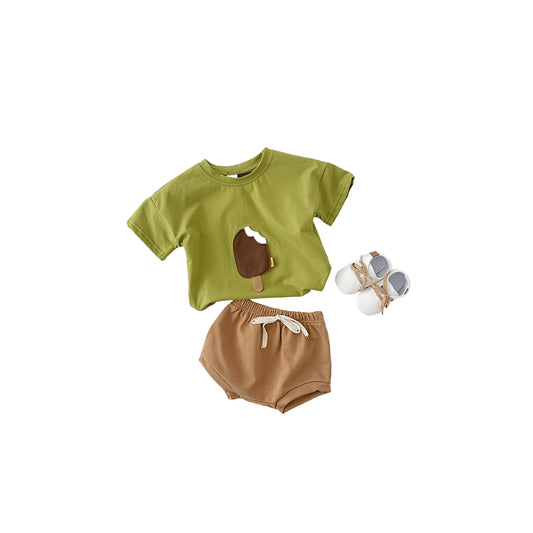 Girls' Casual Round Neck Cotton Ice Cream Patch Short Sleeve Shorts Suit