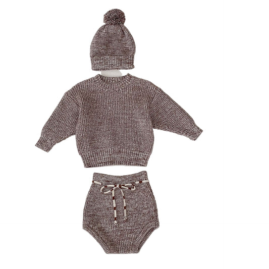 Infant Baby Girl Mixed Color Thick Needle Pullover Pants Pullover Fur Ball Knitted Hat 3-piece Set