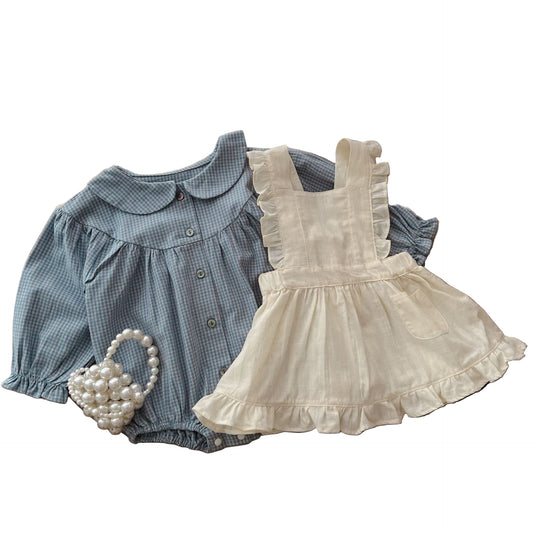 Infant Single-breasted Long Sleeve Small Plaid Romper Sling Small Overskirt